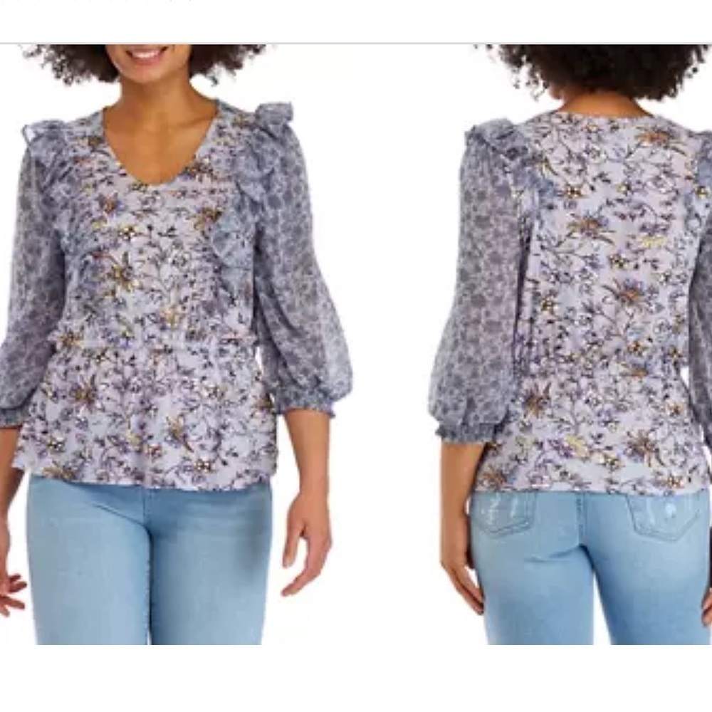 ๐ฆ Cupio 3/4 Sleeve Ruffle Front Blouse Purple Blue Floral Casual Medium